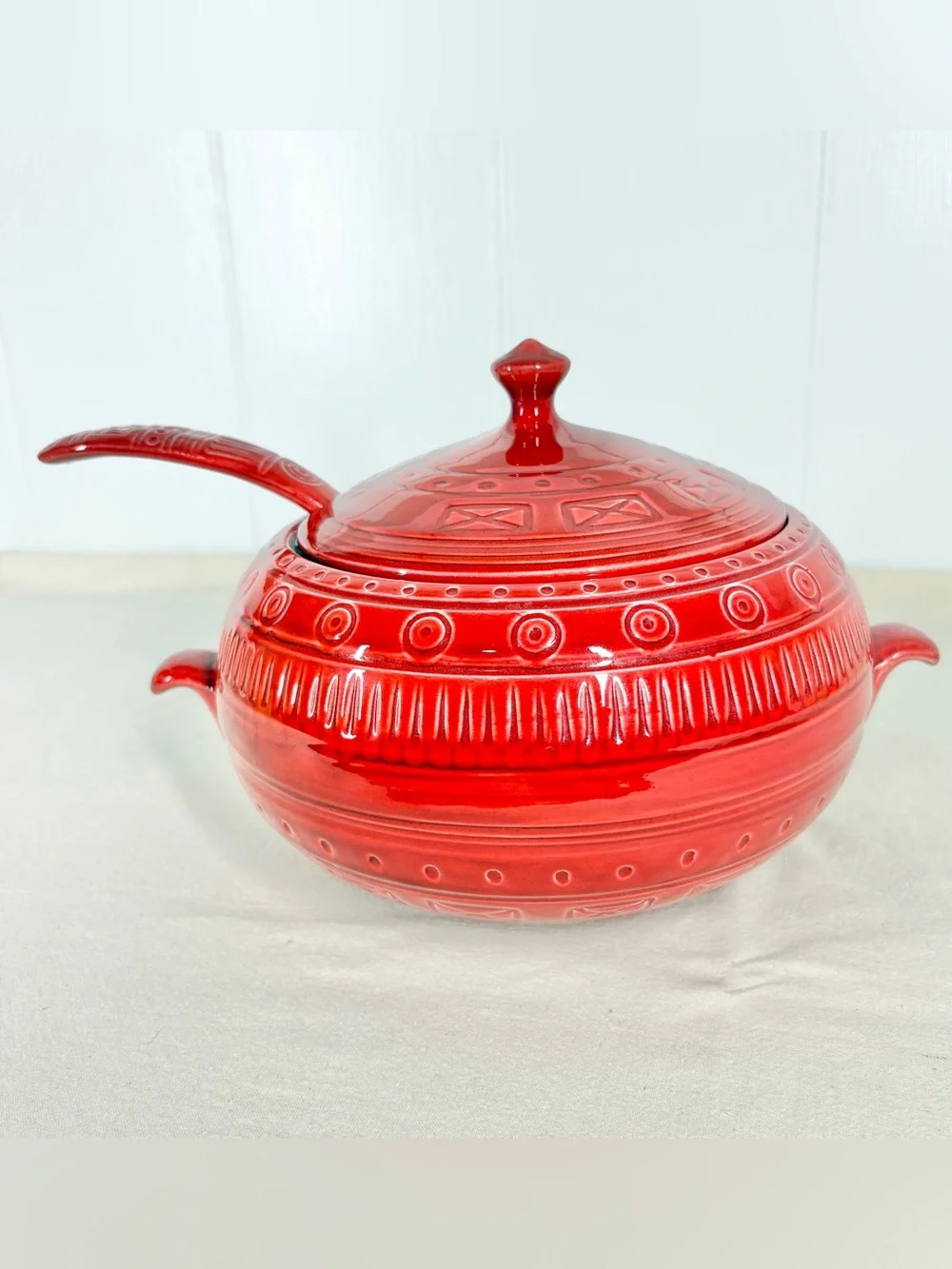Vintage California Pottery Soup Ceramic Tureen with Ladle B655 Red Orange